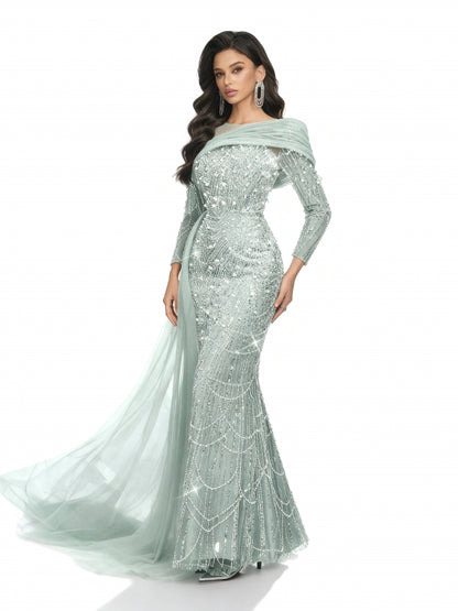 Stalluxe | Champagnerfarbenes Perlenkleid mit Langen Ärmeln Hellblau