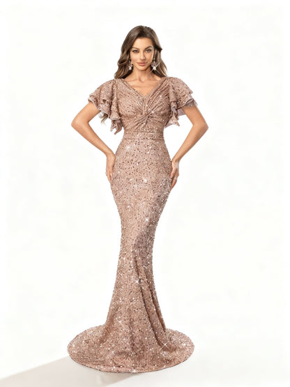 Stalluxe | Champagnerfarbenes Paillettenkleid mit Rüschen XL