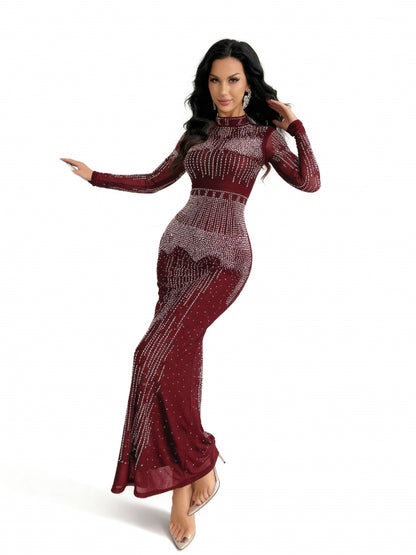 Stalluxe | Schwarzes Strass-Abendkleid mit Langen Ärmeln Weinrot