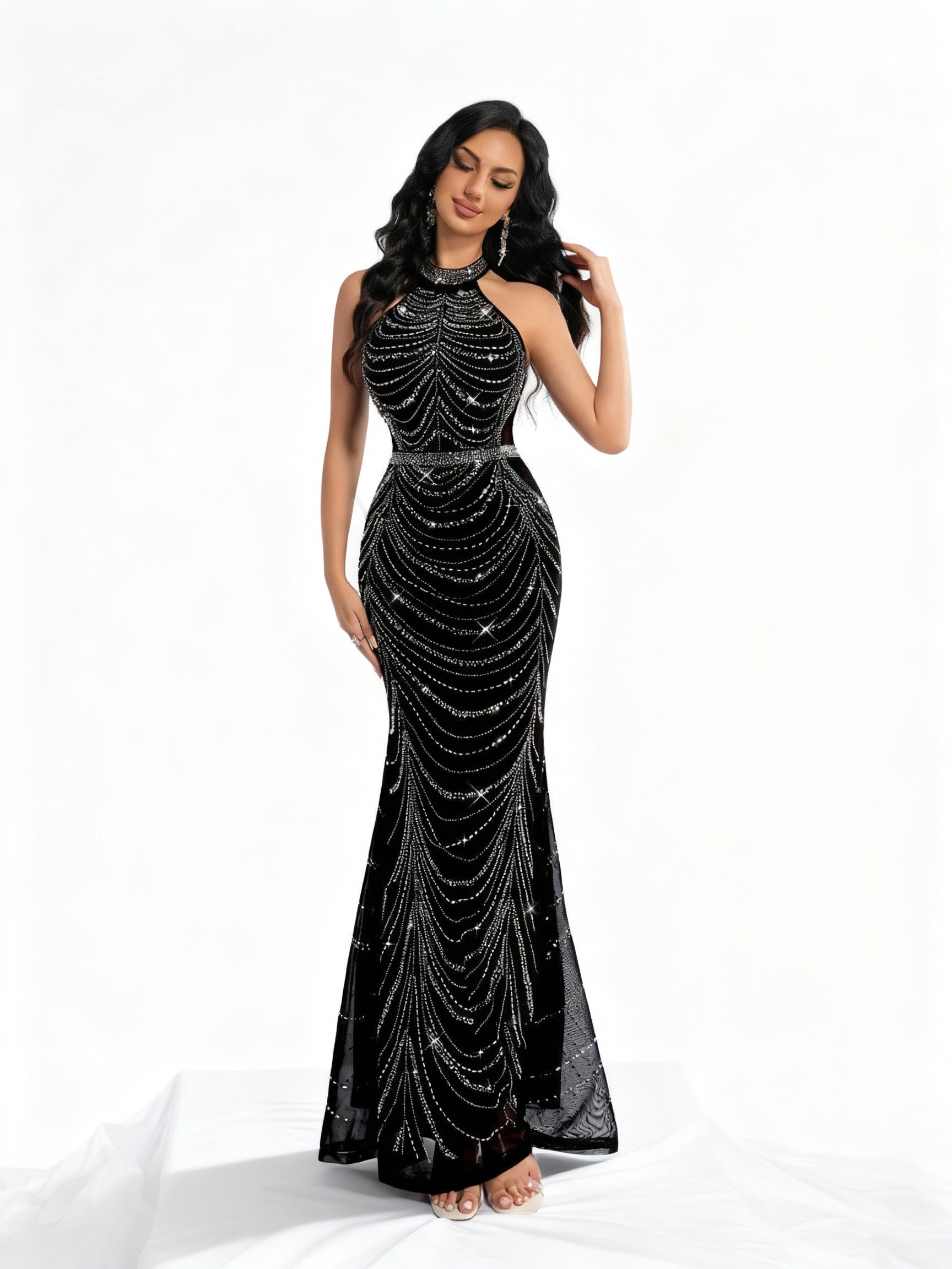 Stalluxe | Elegantes schwarzes ärmelloses Paillettenkleid XL