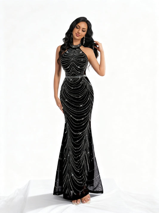 Stalluxe | Elegantes schwarzes ärmelloses Paillettenkleid XL