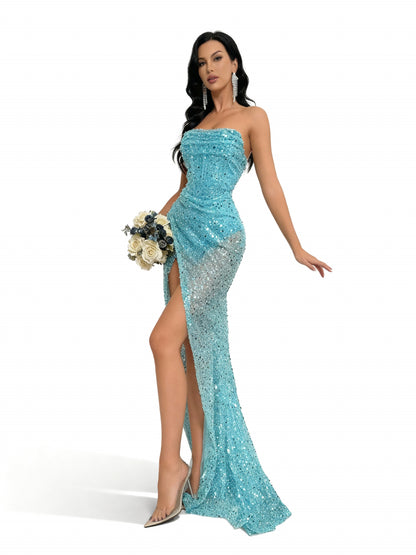 Stalluxe | Perlenbesetztes Rückenträgerloses Kleid mit Hohem Schlitz Mintgrün