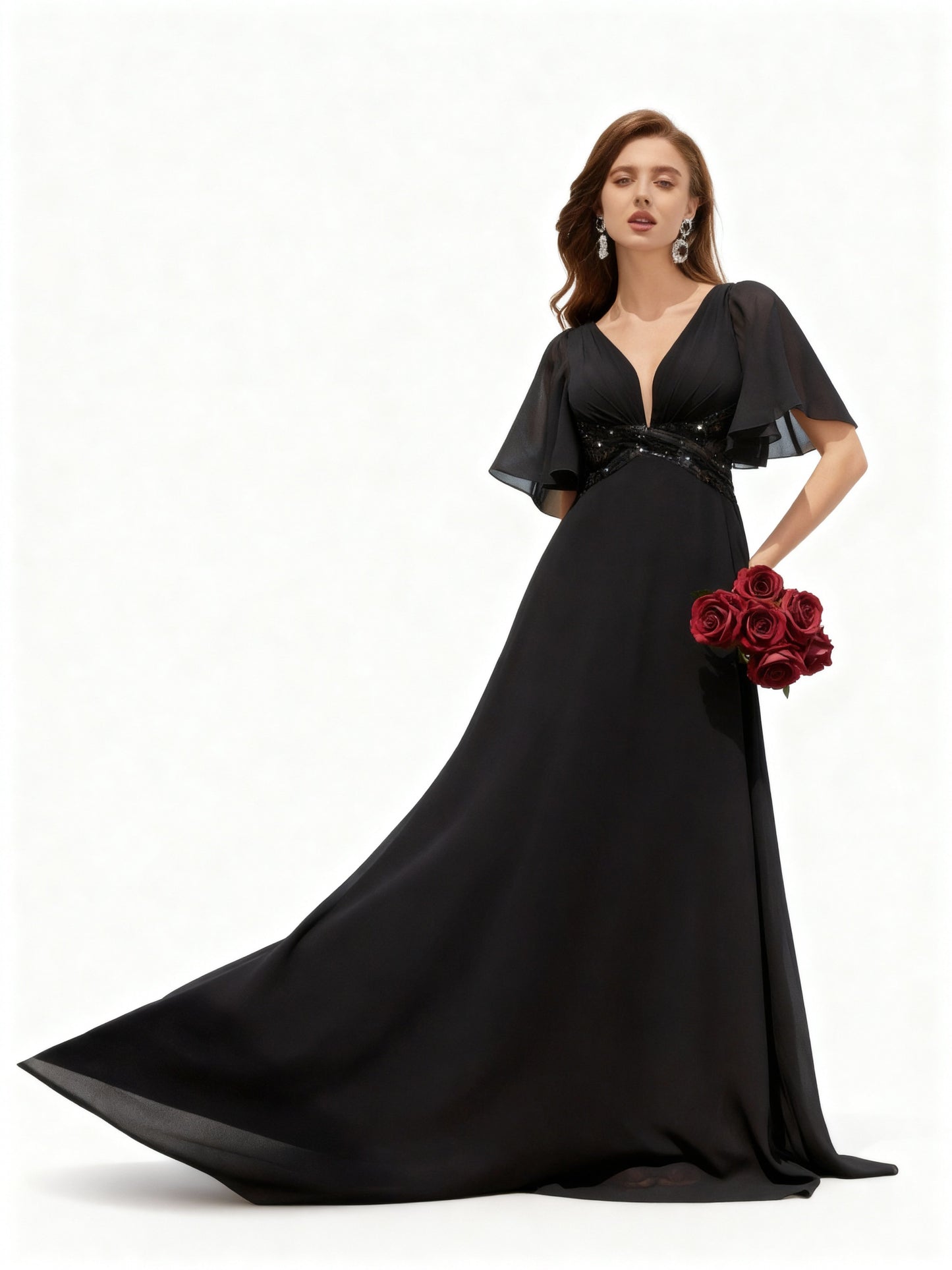 Stalluxe | Elegantes Chiffon-Abendkleid mit Pailletten, V-Ausschnitt und Rüschenärmeln