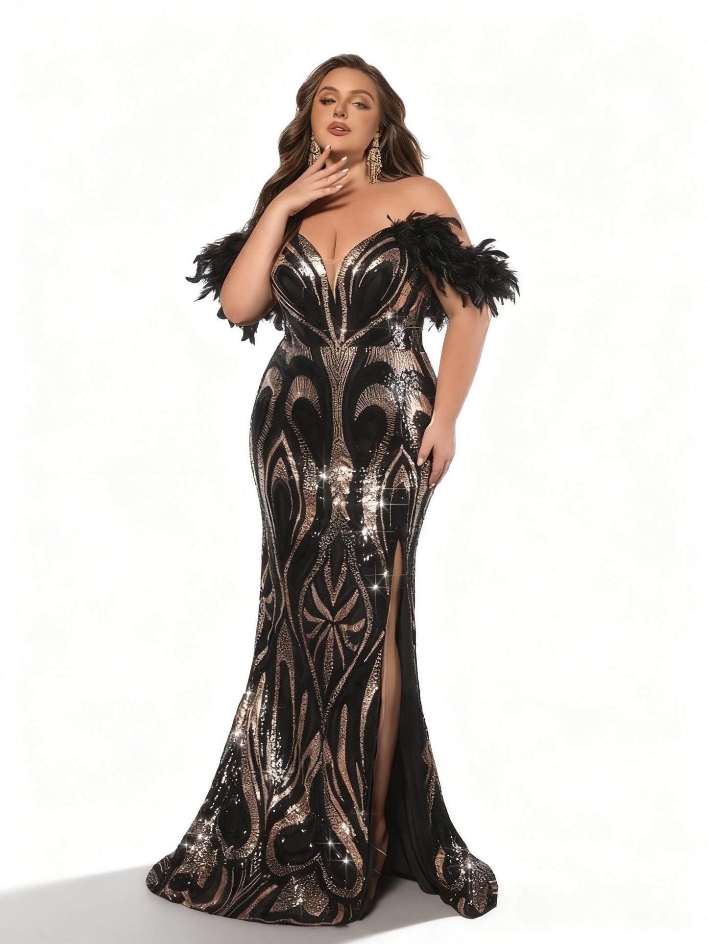 Stalluxe | Schwarzes Trägerloses Pailletten-Abendkleid in Übergröße