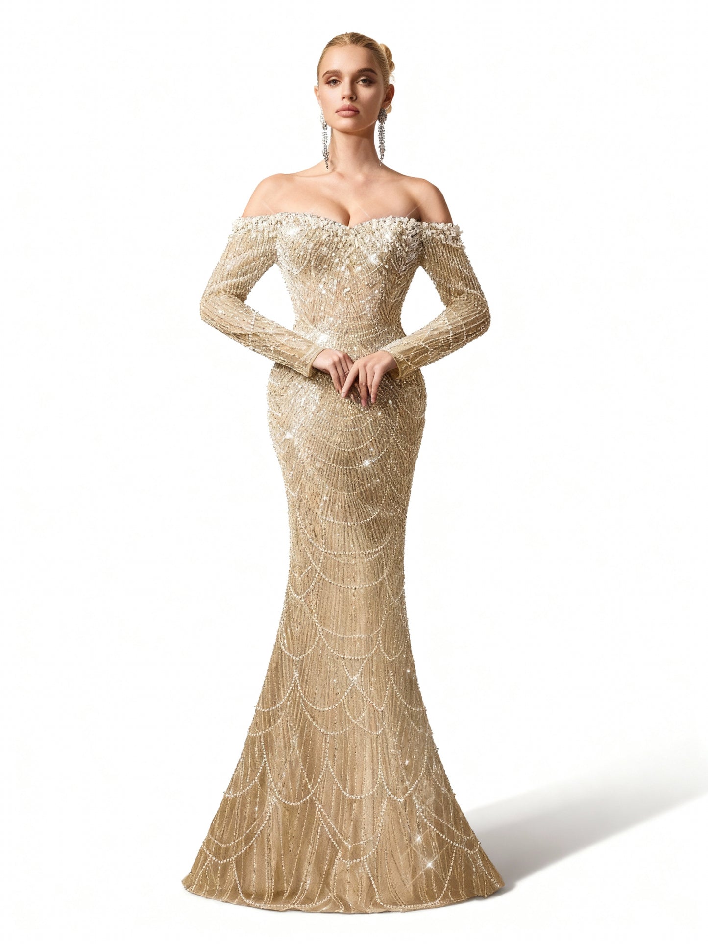 Stalluxe | Göttliches Abendkleid in Himmelblau mit Pailletten, schulterfreiem Schnitt und Meerjungfrauen-Design Champagner