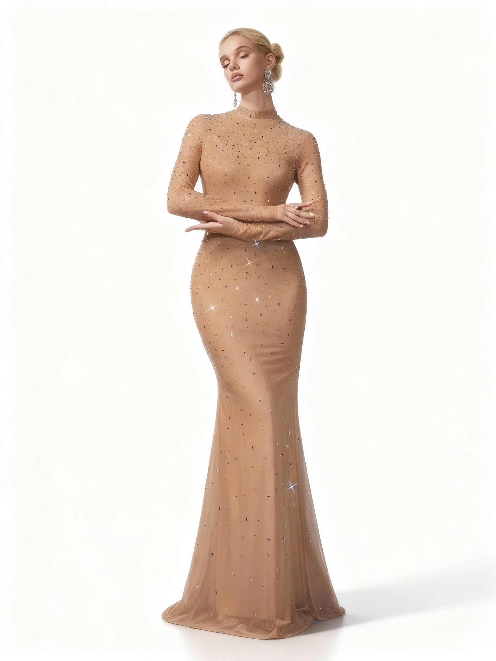 Stalluxe | Strasskleid mit Stehkragen und Fischschwanz Aprikose