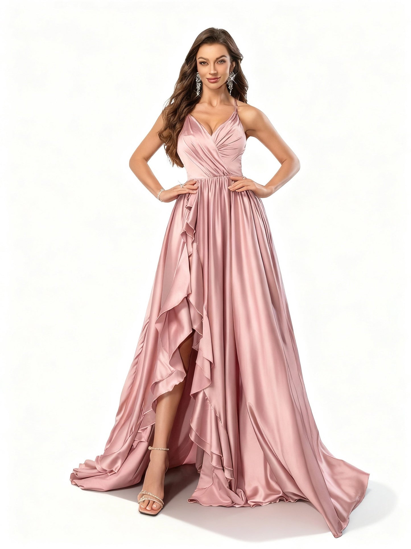 Stalluxe | Rosa Rückenfreies Brautjungfernkleid mit Hohem Schlitz