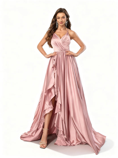 Stalluxe | Rosa Rückenfreies Brautjungfernkleid mit Hohem Schlitz