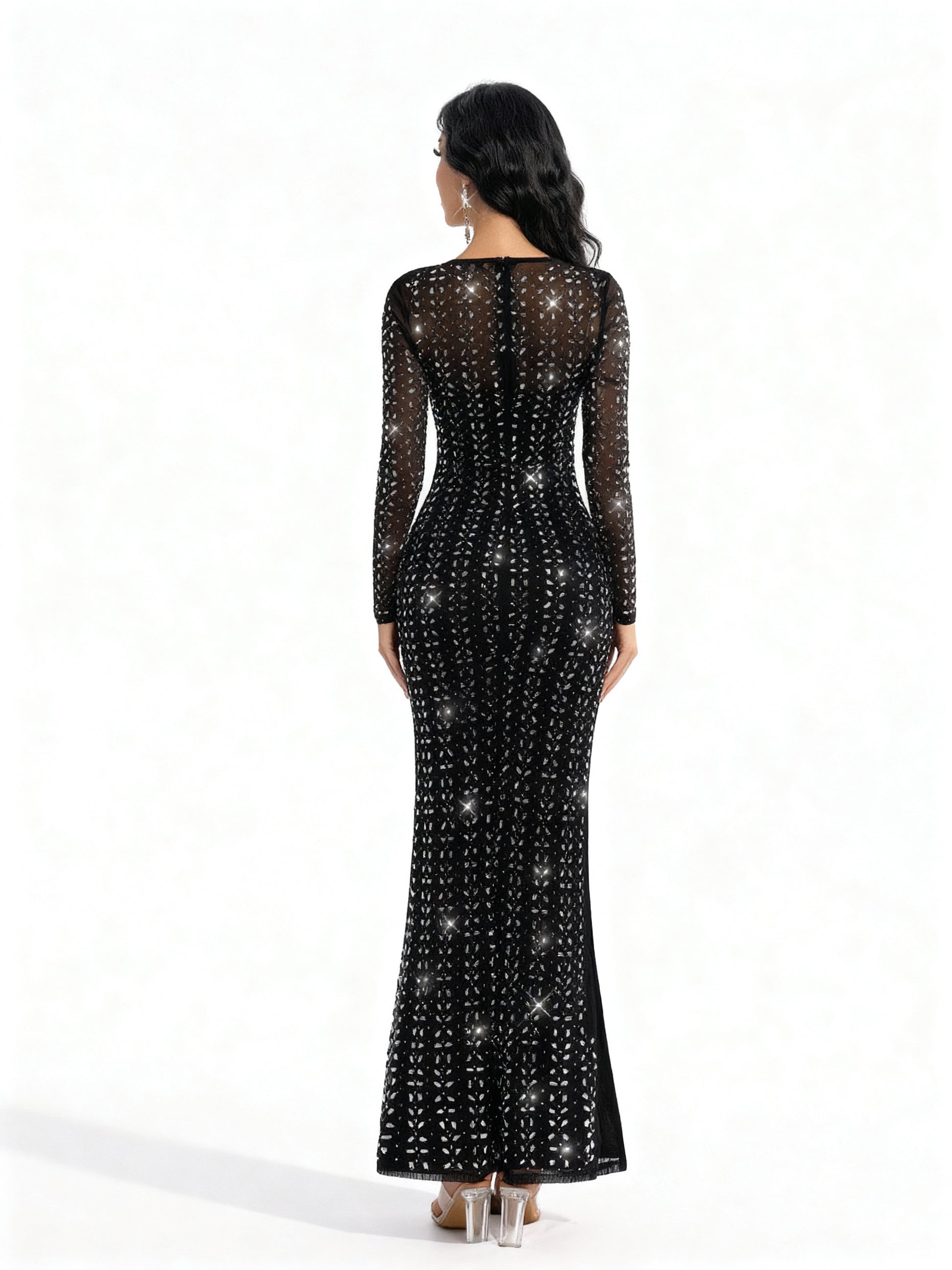 Stalluxe | Schwarzes Strasskleid mit Rundhals und Schlitz