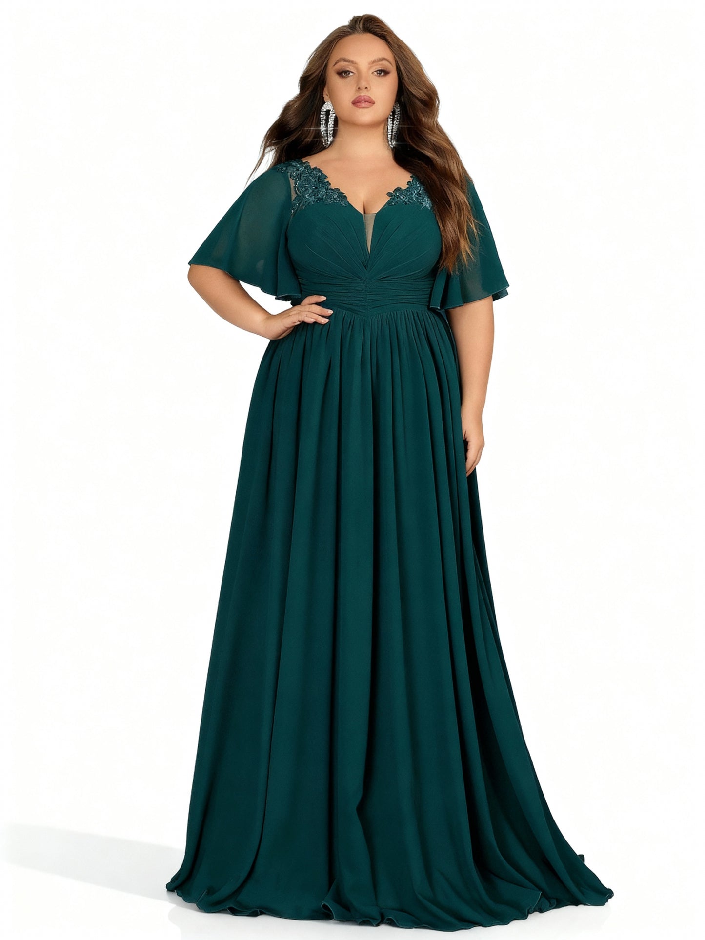 Stalluxe | Pfauengrünes Spitzenkleid mit V-Ausschnitt für Brautjungfern