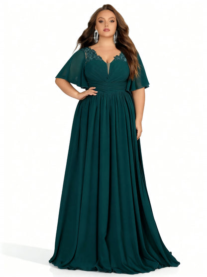 Stalluxe | Pfauengrünes Spitzenkleid mit V-Ausschnitt für Brautjungfern