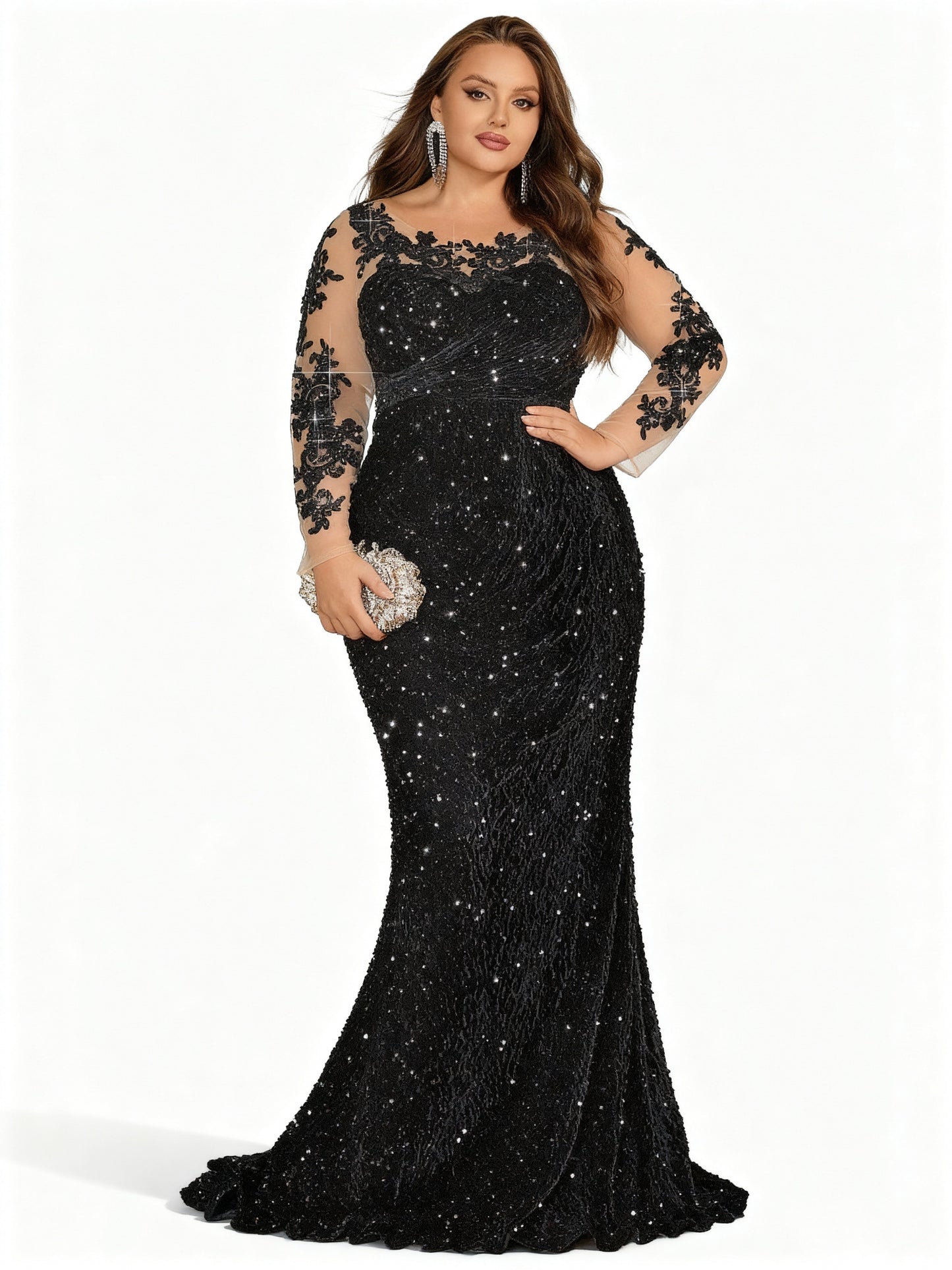 Stalluxe | Schwarzes Kleid mit Netzstoff und Langen Ärmeln