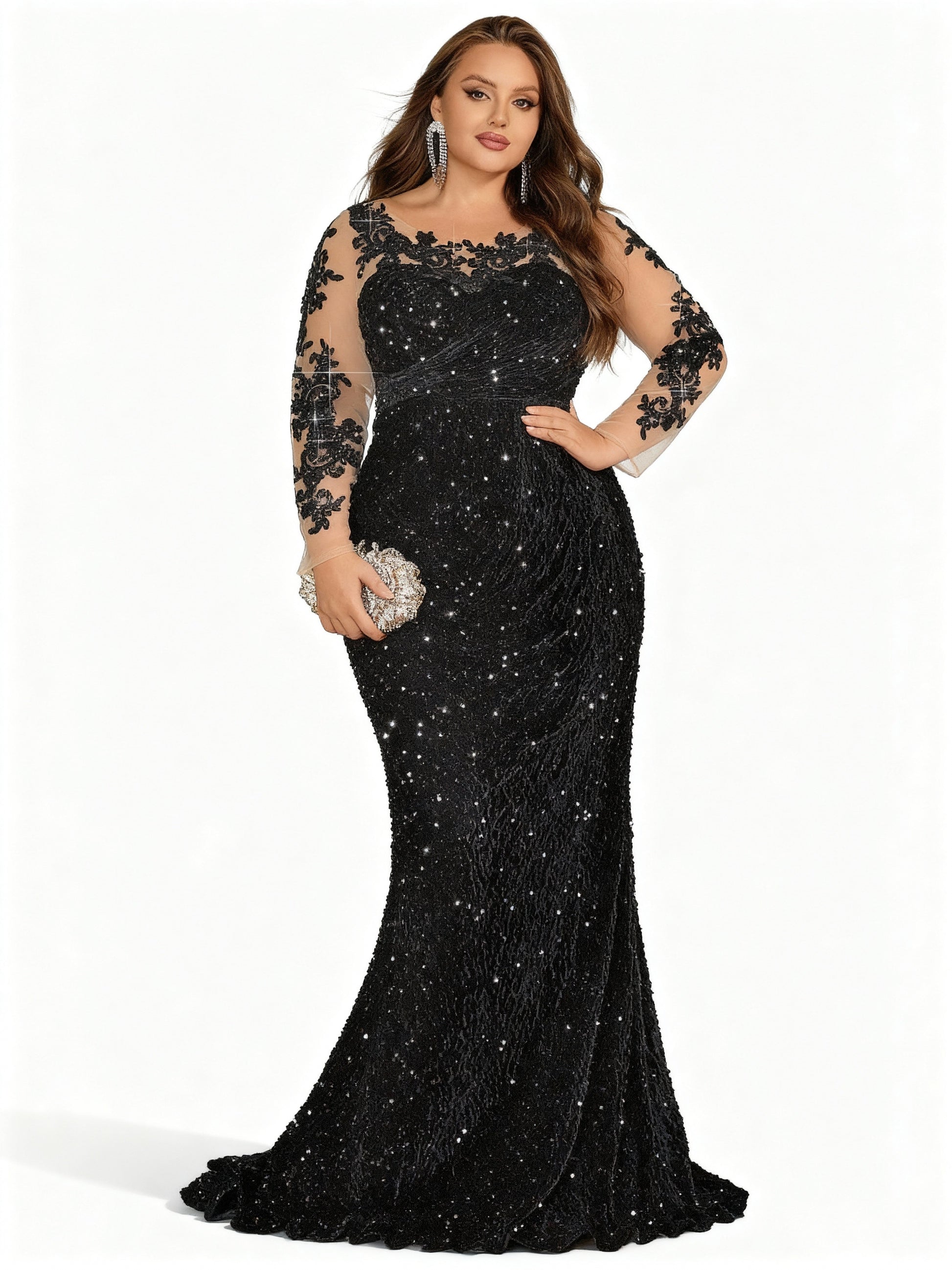 Stalluxe | Schwarzes Kleid mit Netzstoff und Langen Ärmeln