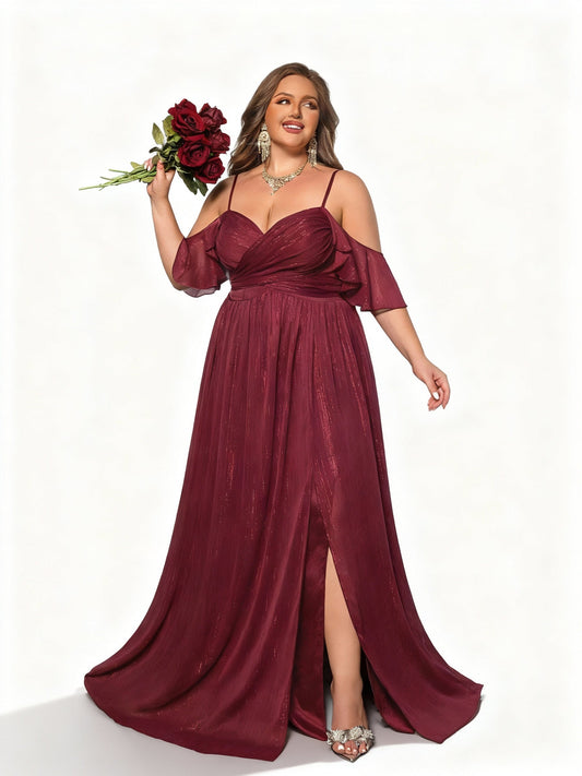 Stalluxe | Burgunderfarbenes Trägerloses Spitzenkleid für Brautjungfern in Übergröße 5XL