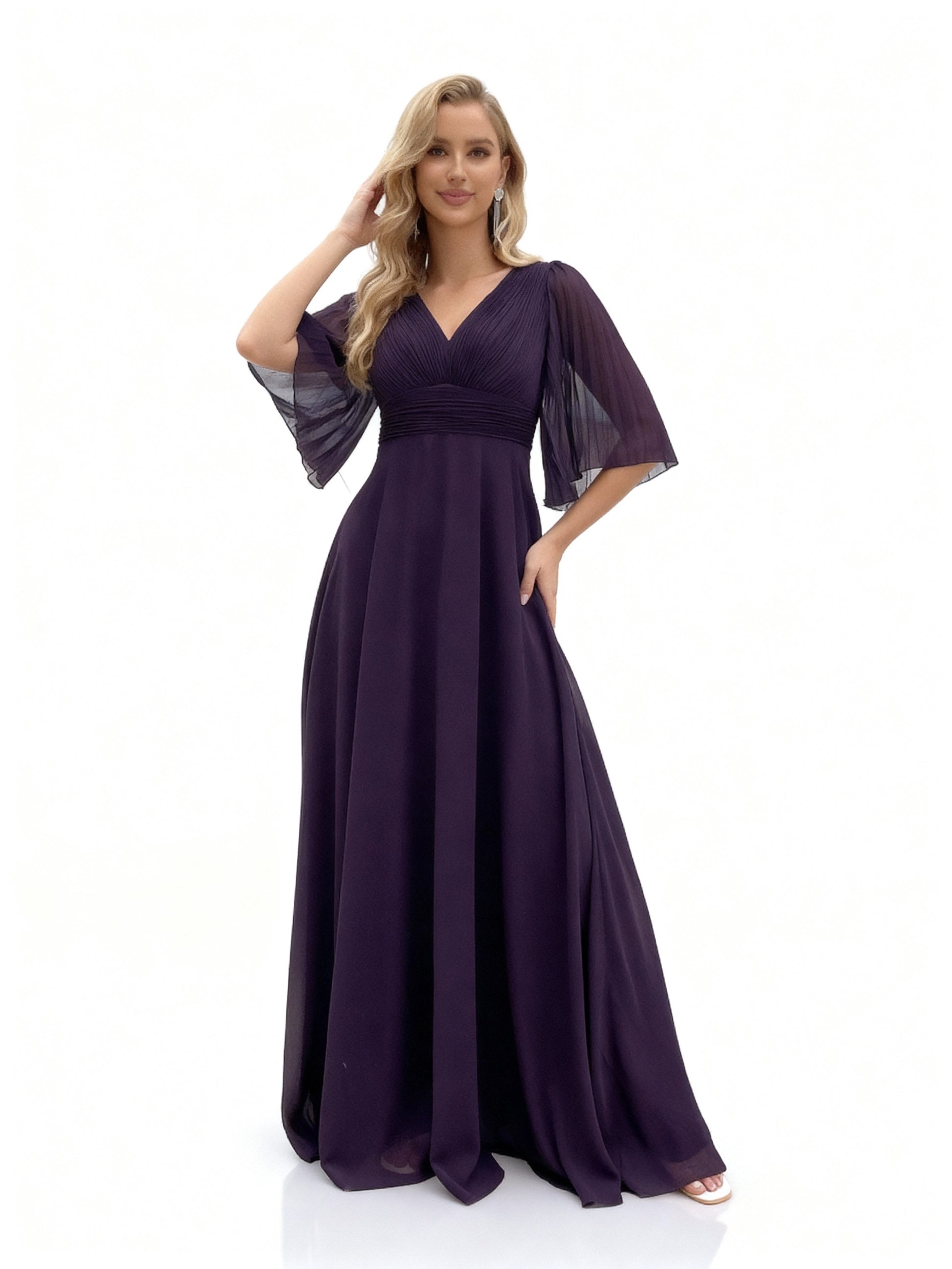 Stalluxe | Weinrotes Chiffonkleid mit Rüschenärmeln