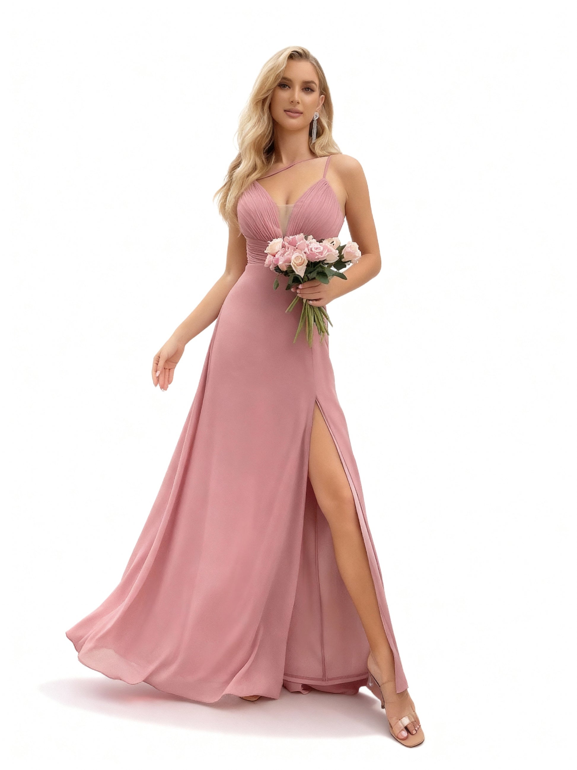 Stalluxe | Stilvolles Chiffon-Brautjungfernkleid in Rosa mit Neckholder und Schlitz