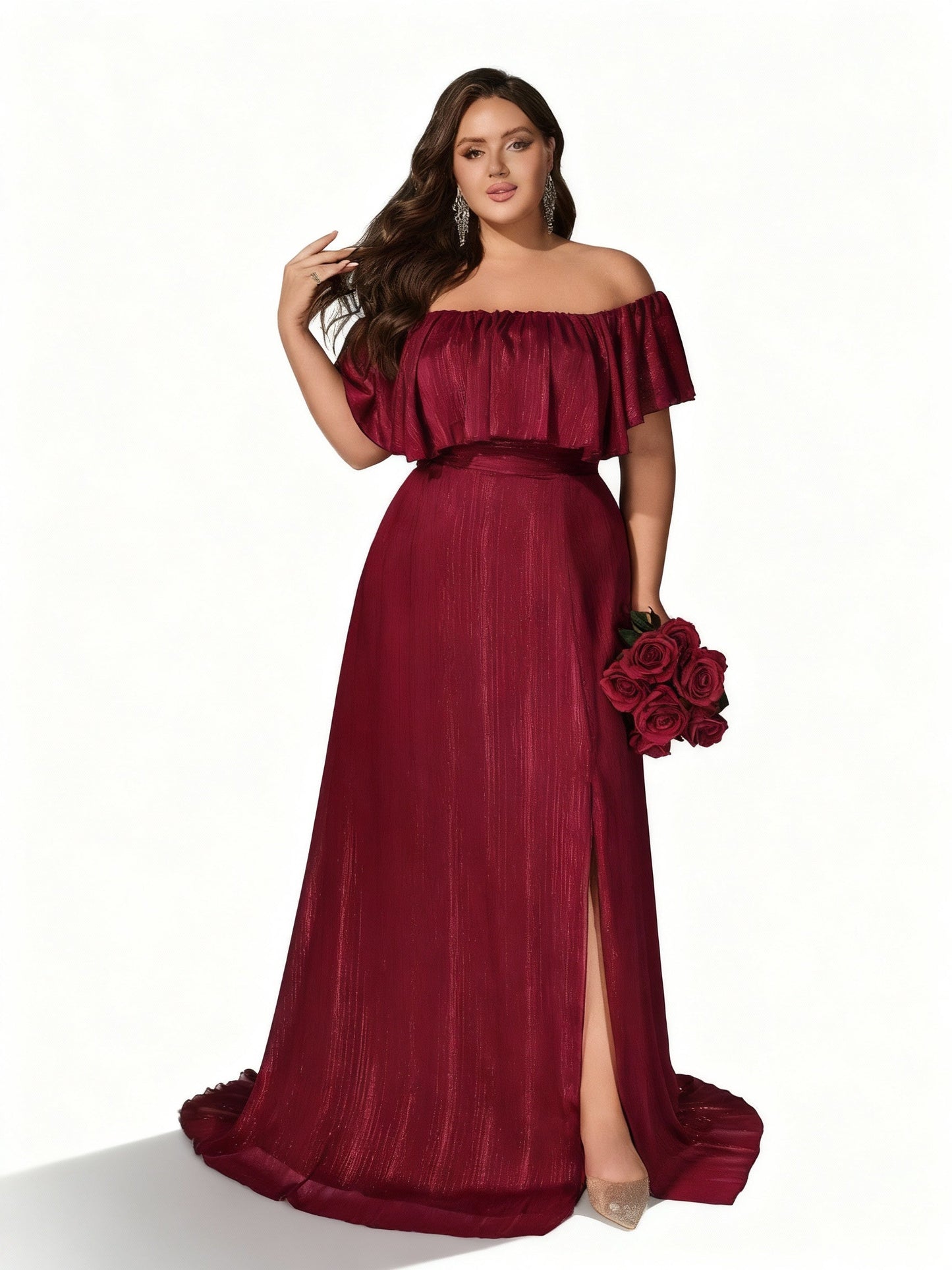 Stalluxe | Burgunderfarbenes Schulterfreies Abendkleid mit weitem Saum in Übergröße