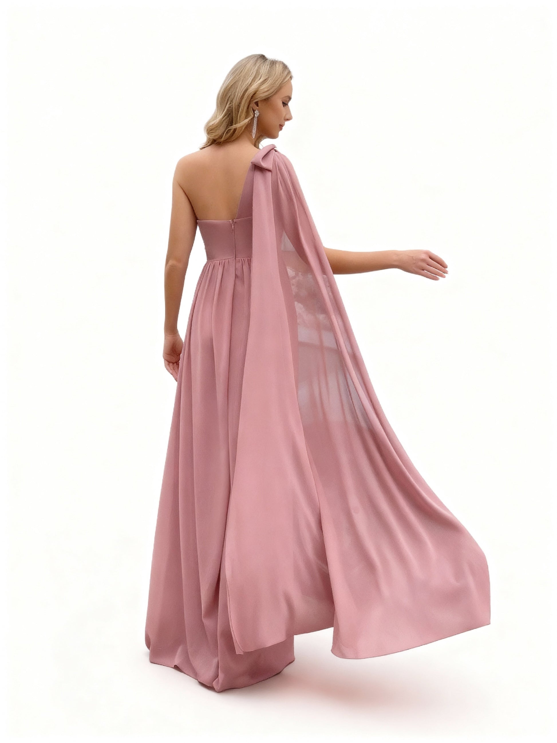 Stalluxe | Romantisches rosa Brautjungfernkleid mit Schleife, einer Schulter und hohem Schlitz