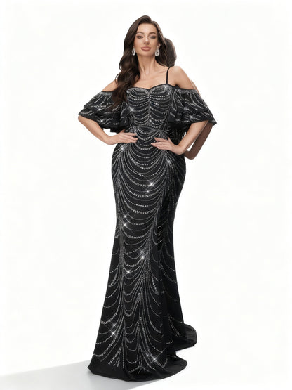 Stalluxe | Schwarzes Pailletten Meerjungfrauen Abendkleid mit Strass