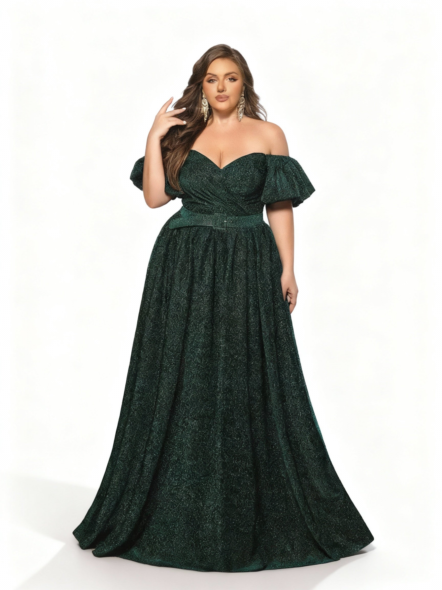 Stalluxe | Dunkelgrünes schulterfreies Abendkleid mit Schlitz in Übergröße 5XL