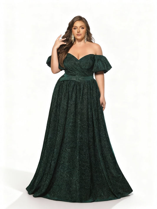 Stalluxe | Dunkelgrünes schulterfreies Abendkleid mit Schlitz in Übergröße 5XL