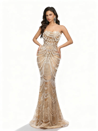 Stalluxe | Trägerloses Paillettenkleid mit Perlen und Streifen