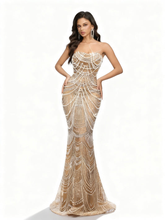 Stalluxe | Trägerloses Paillettenkleid mit Perlen und Streifen