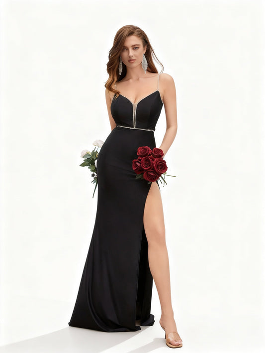 Stalluxe | Glamouröses Schwarzes Kleid mit Trägerdesign und Hohem Beinschlitz XL