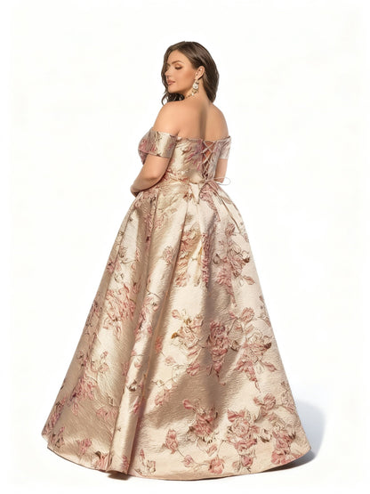 Stalluxe | Einfarbiges Rückenfreies Abendkleid mit Blumen und Off-Shoulder-Schnitt