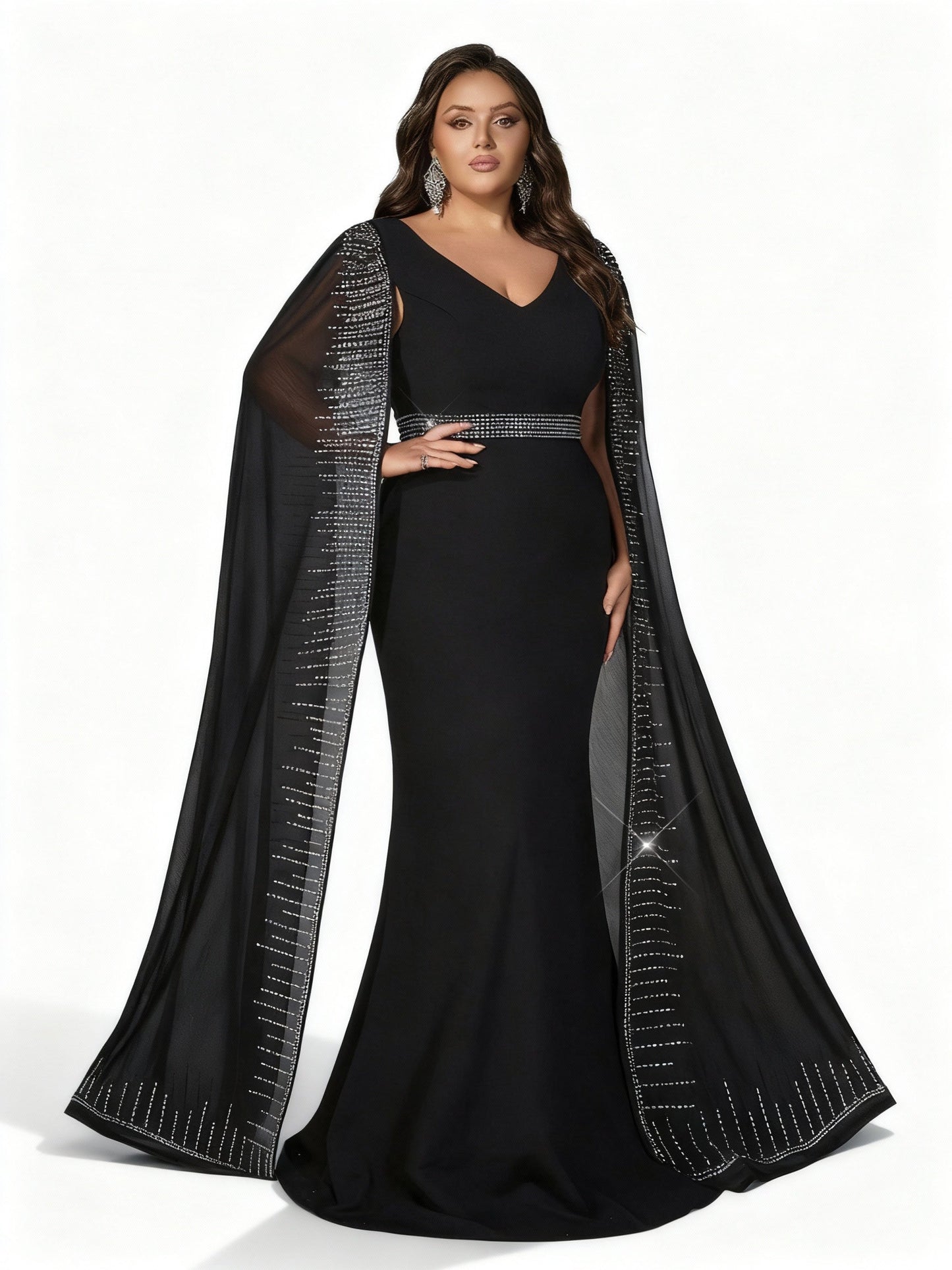 Stalluxe | Schwarzes Strass-Abendkleid mit Umhangärmeln und weitem Saum