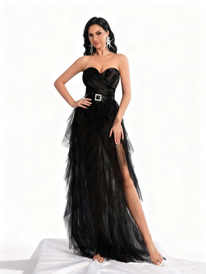 Stalluxe | Schwarzes Trägerloses Meshkleid mit Schnalle