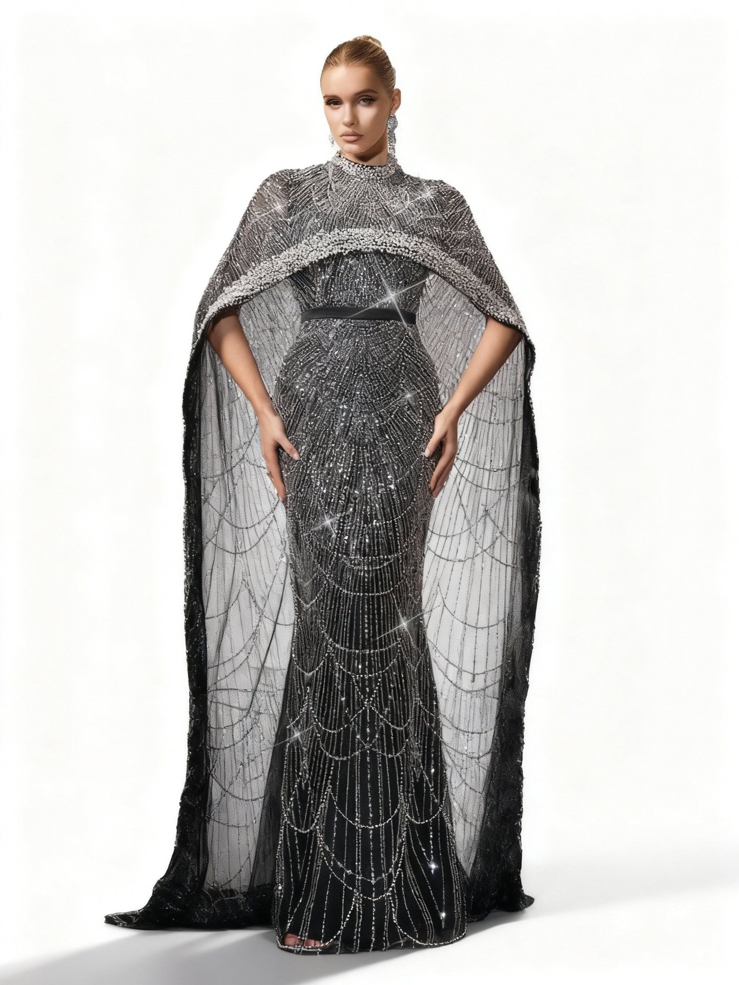 Stalluxe | Elegantes Schwarzes Abendkleid mit Perlen und Umhangärmeln