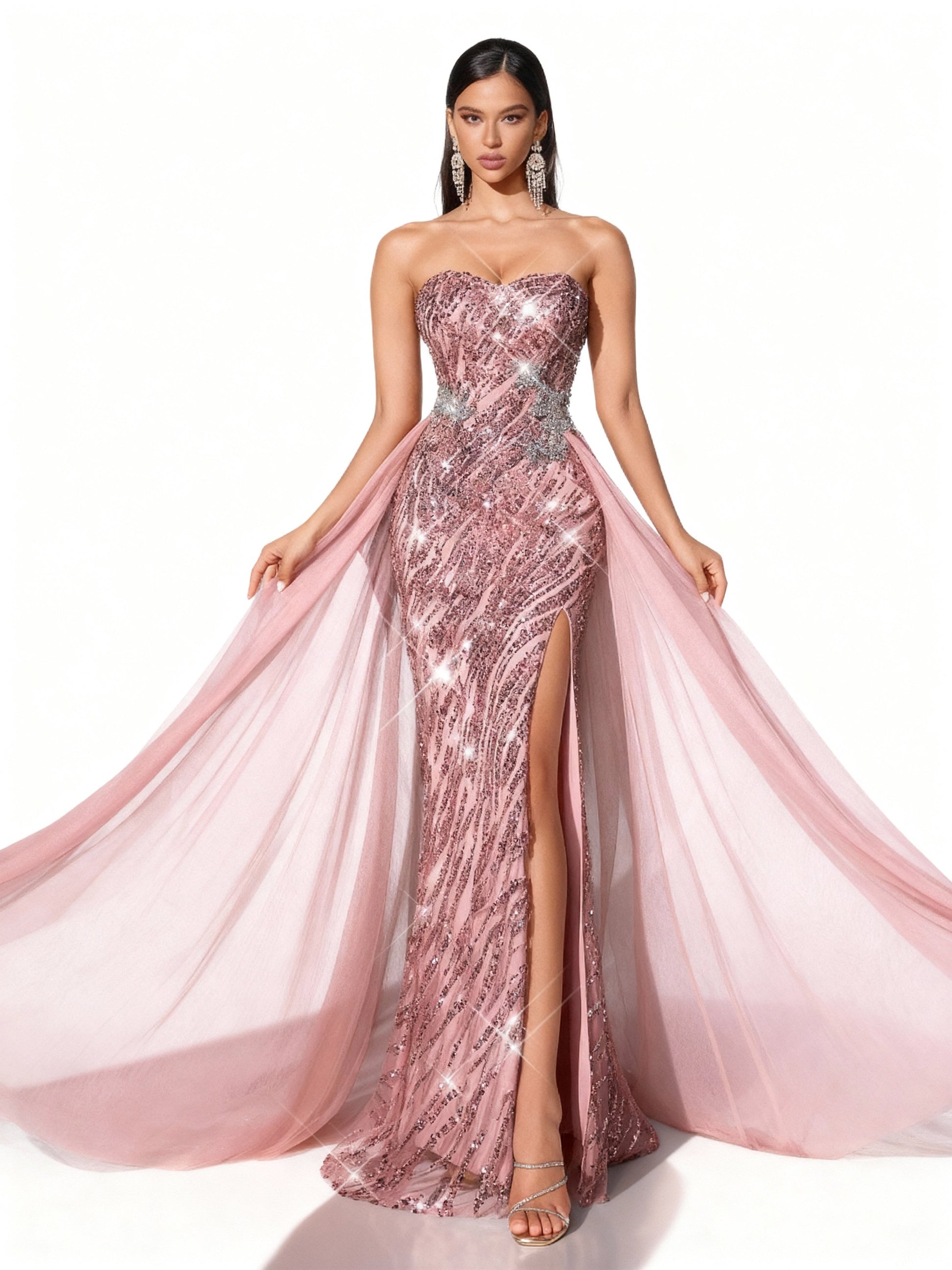 Stalluxe | Rosafarbenes Trägerloses Meshkleid mit Schlitz L