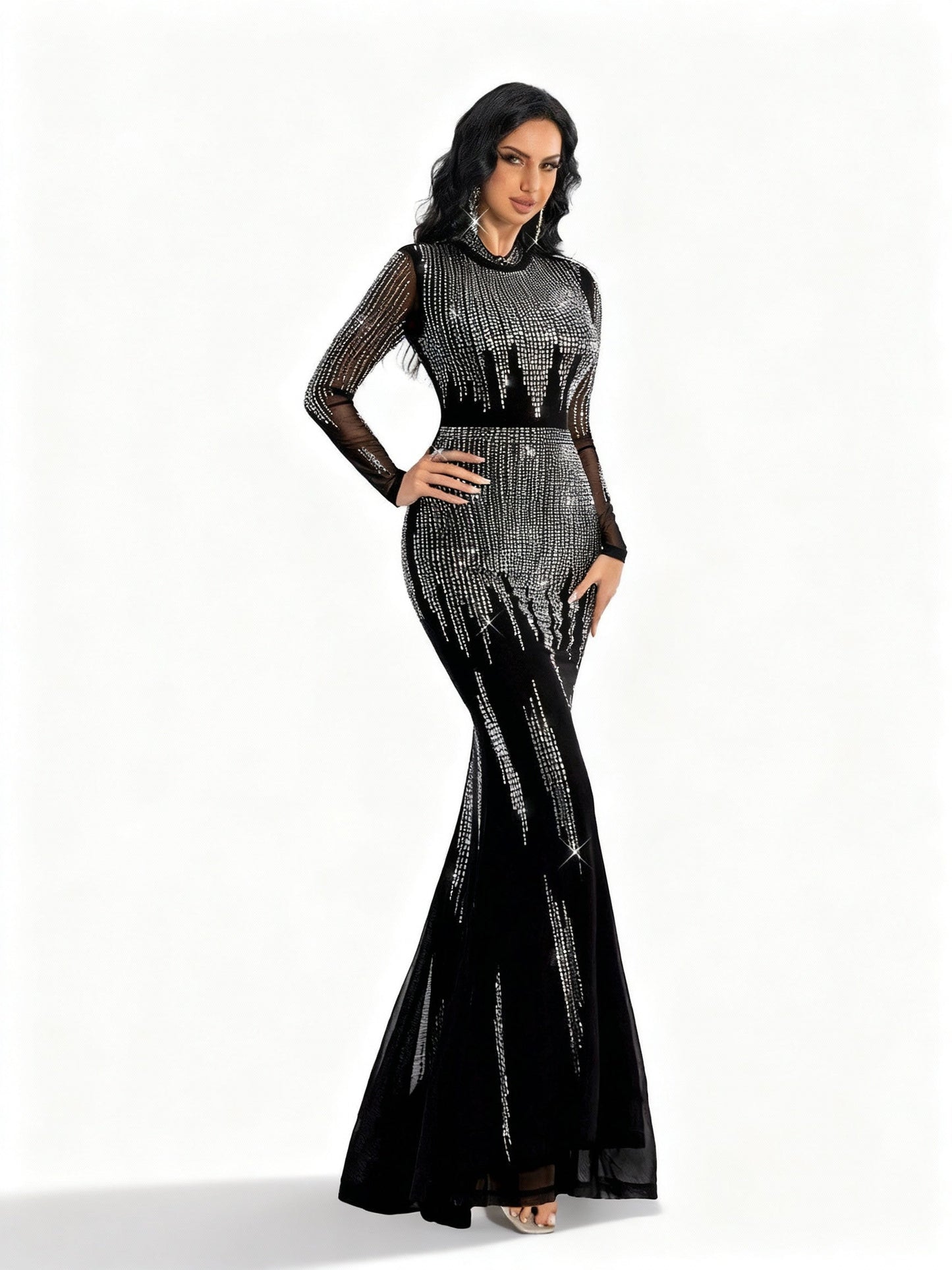 Stalluxe | Schwarzes Strasskleid mit Langen Ärmeln XL