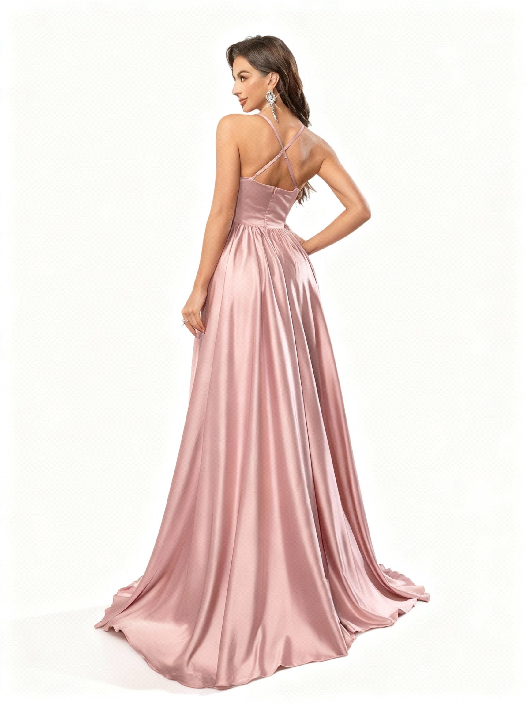 Stalluxe | Rosa Rückenfreies Brautjungfernkleid mit Hohem Schlitz