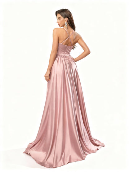 Stalluxe | Rosa Rückenfreies Brautjungfernkleid mit Hohem Schlitz