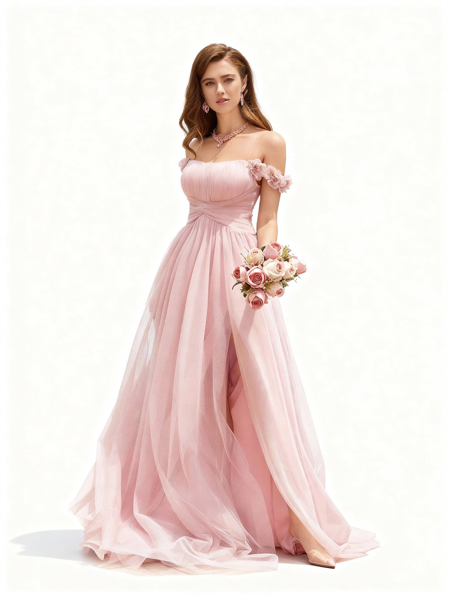 Stalluxe | Sommerliches Abendkleid in Rosa mit Blumenverzierung und Schlitz in der Taille