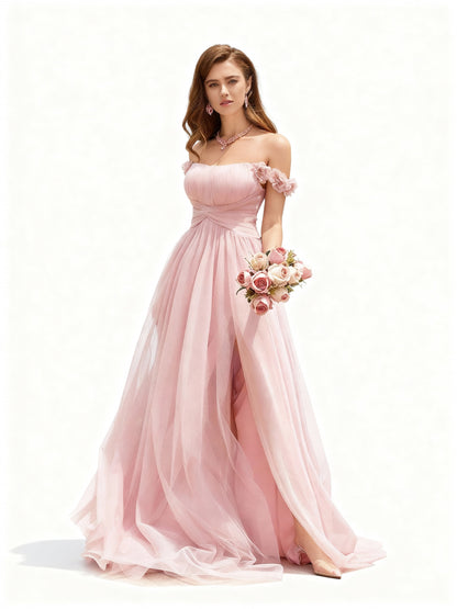 Stalluxe | Sommerliches Abendkleid in Rosa mit Blumenverzierung und Schlitz in der Taille