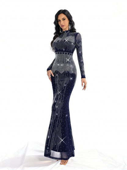 Stalluxe | Schwarzes Strass-Abendkleid mit Langen Ärmeln Marineblau