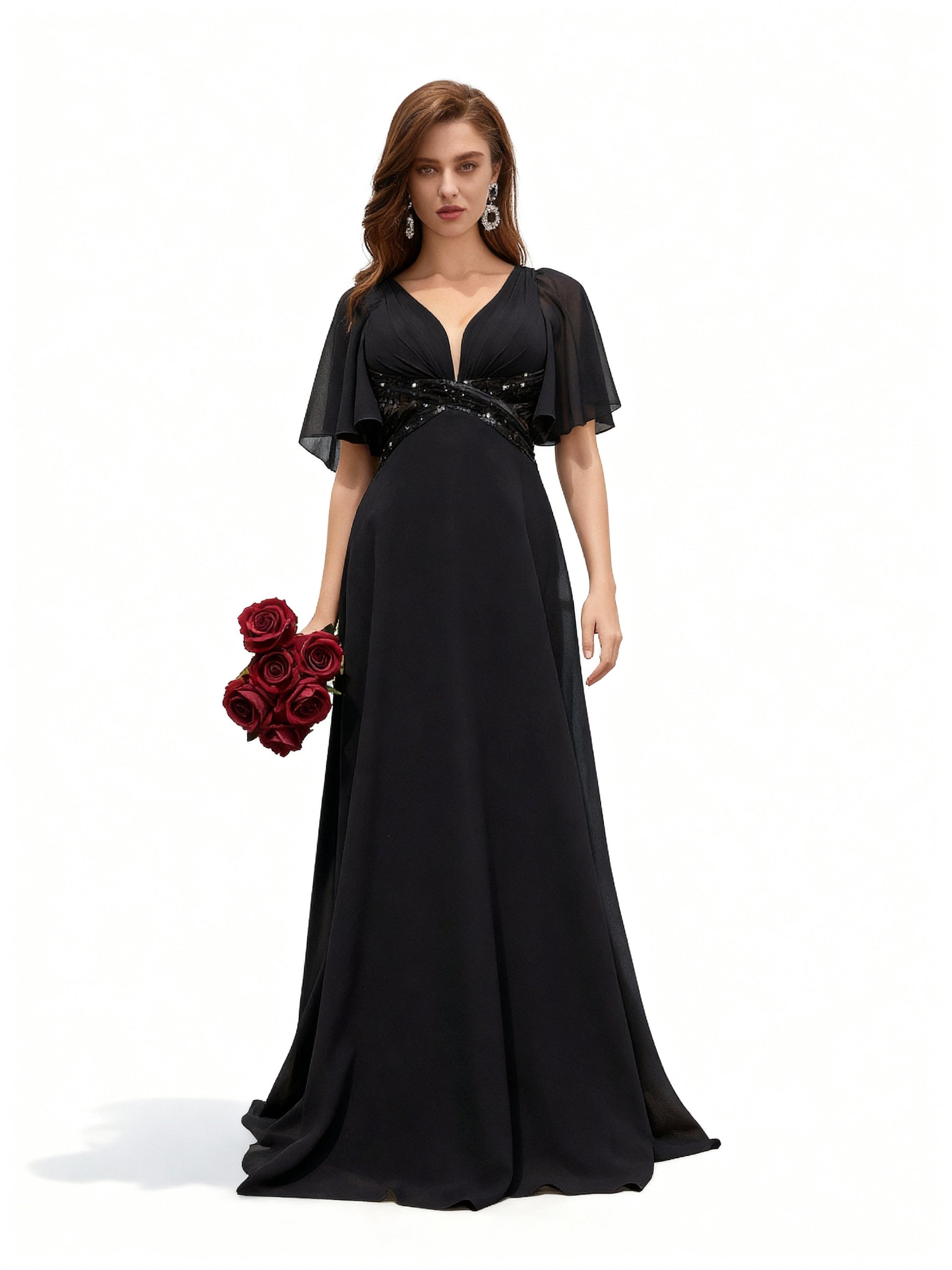 Stalluxe | Elegantes Chiffon-Abendkleid mit Pailletten, V-Ausschnitt und Rüschenärmeln XL