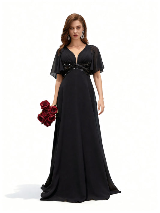 Stalluxe | Elegantes Chiffon-Abendkleid mit Pailletten, V-Ausschnitt und Rüschenärmeln XL