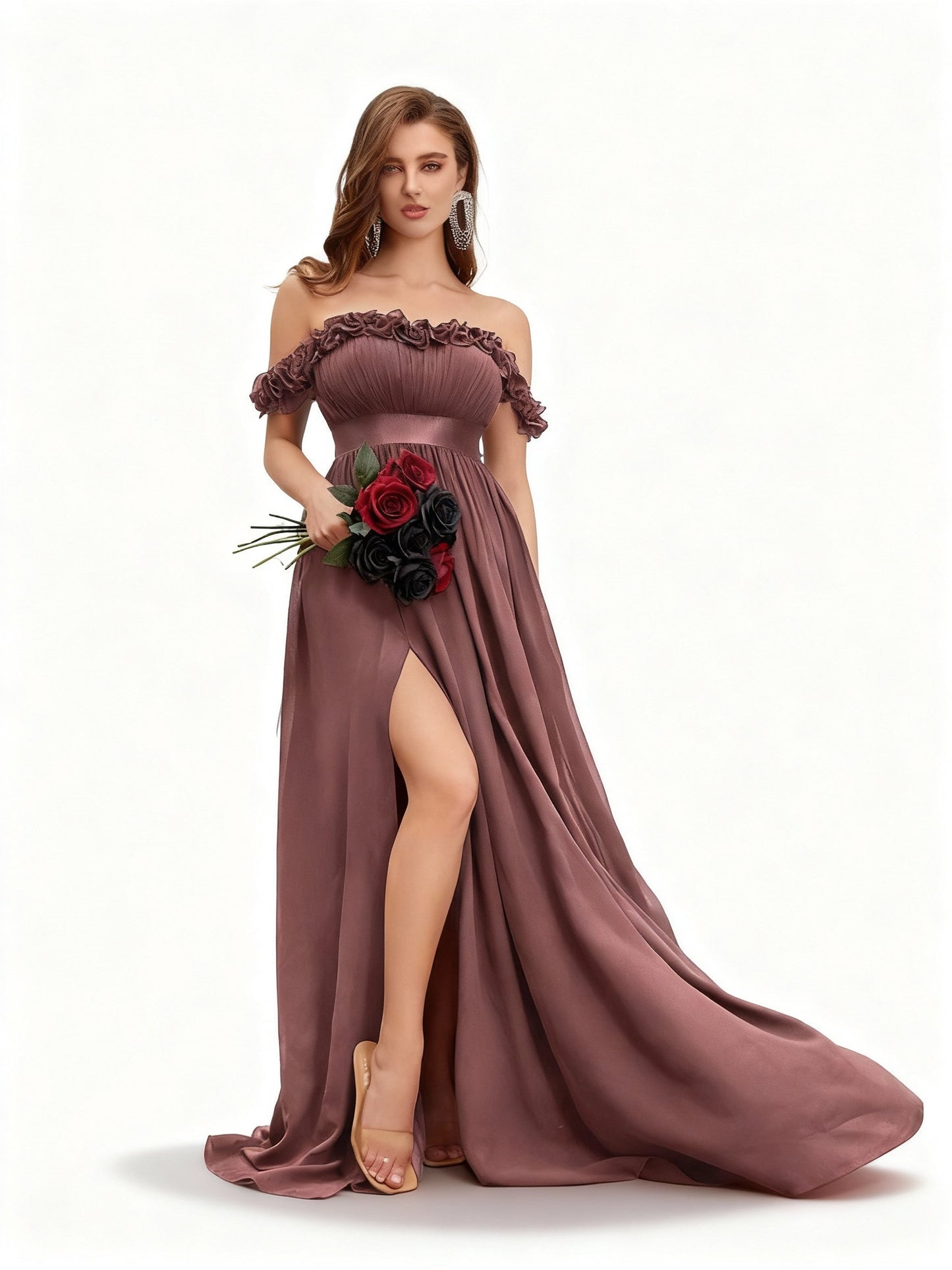 Stalluxe | Abendkleid mit Blumenverzierung und Schlitz Korallenpuder