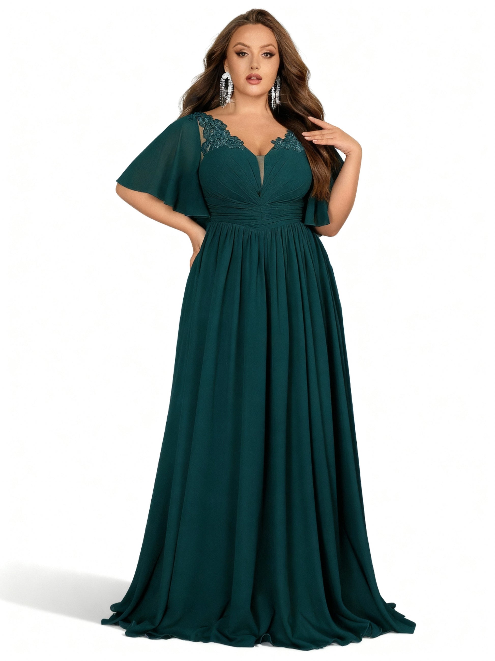 Stalluxe | Pfauengrünes Spitzenkleid mit V-Ausschnitt für Brautjungfern