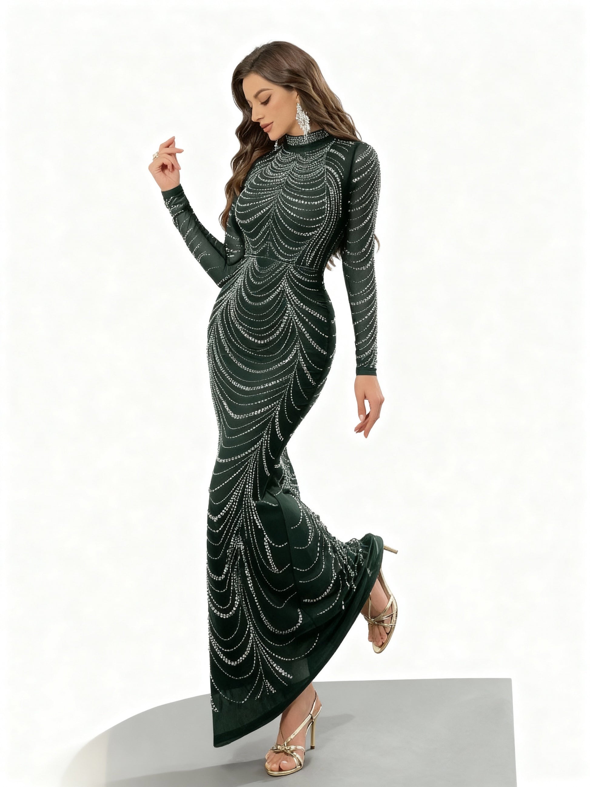 Stalluxe | Strasskleid mit Fischschwanz und Langen Ärmeln