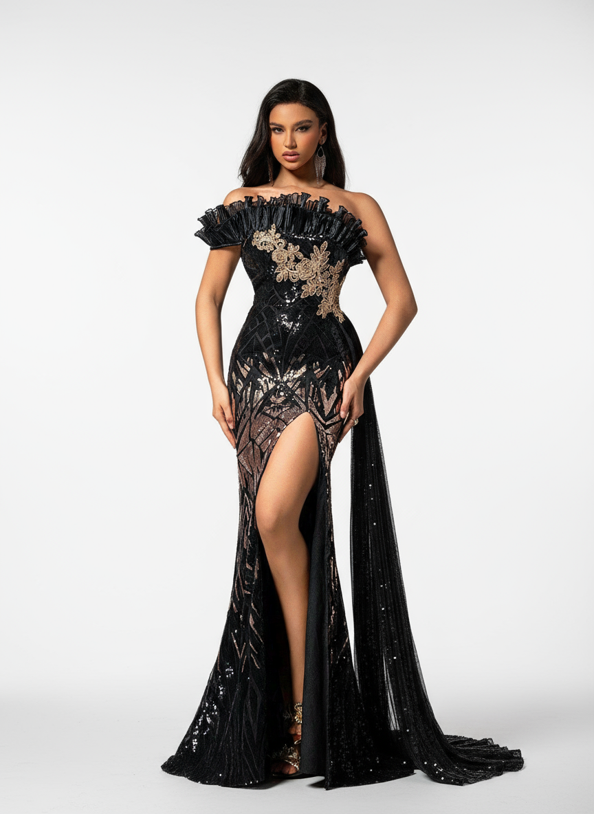 Stalluxe | Elegantes schwarzes One-Shoulder-Kleid mit Fischschwanz