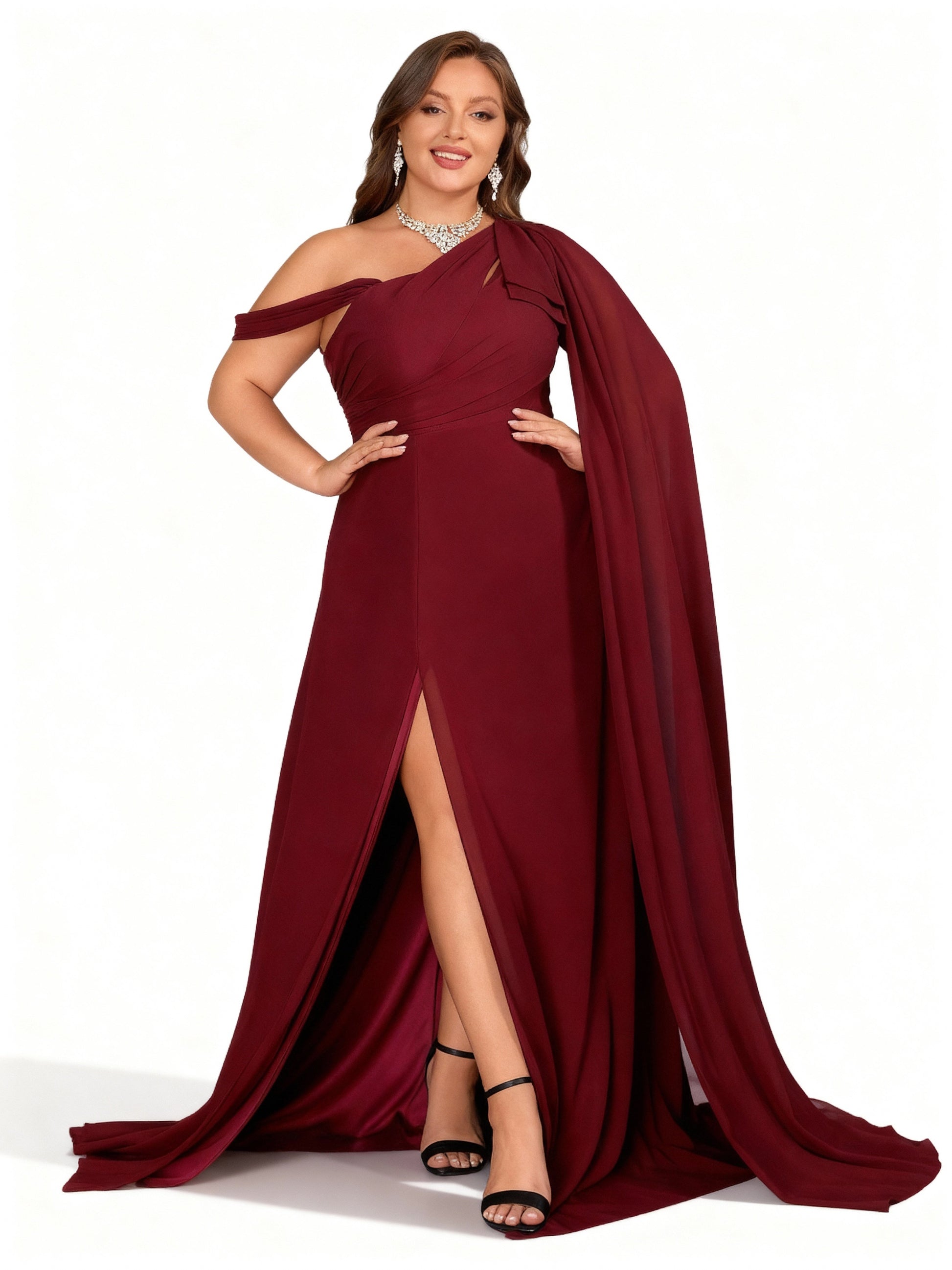 Stalluxe | Brautjungfernkleid in Großen Größen mit Asymmetrischem Ausschnitt Weinrot