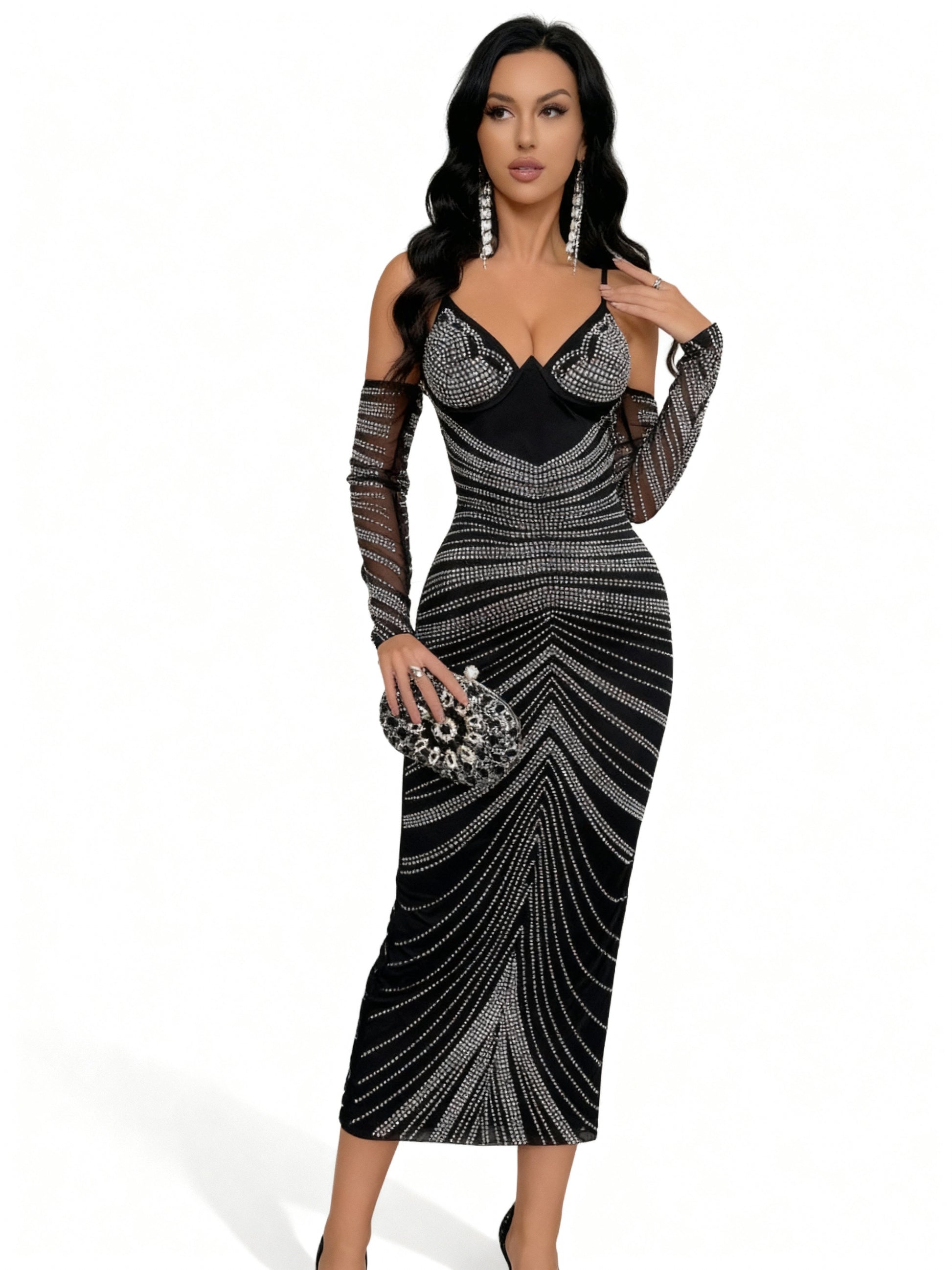 Stalluxe | Schwarzes Schulterfreies Strasskleid im Bleistiftschnitt