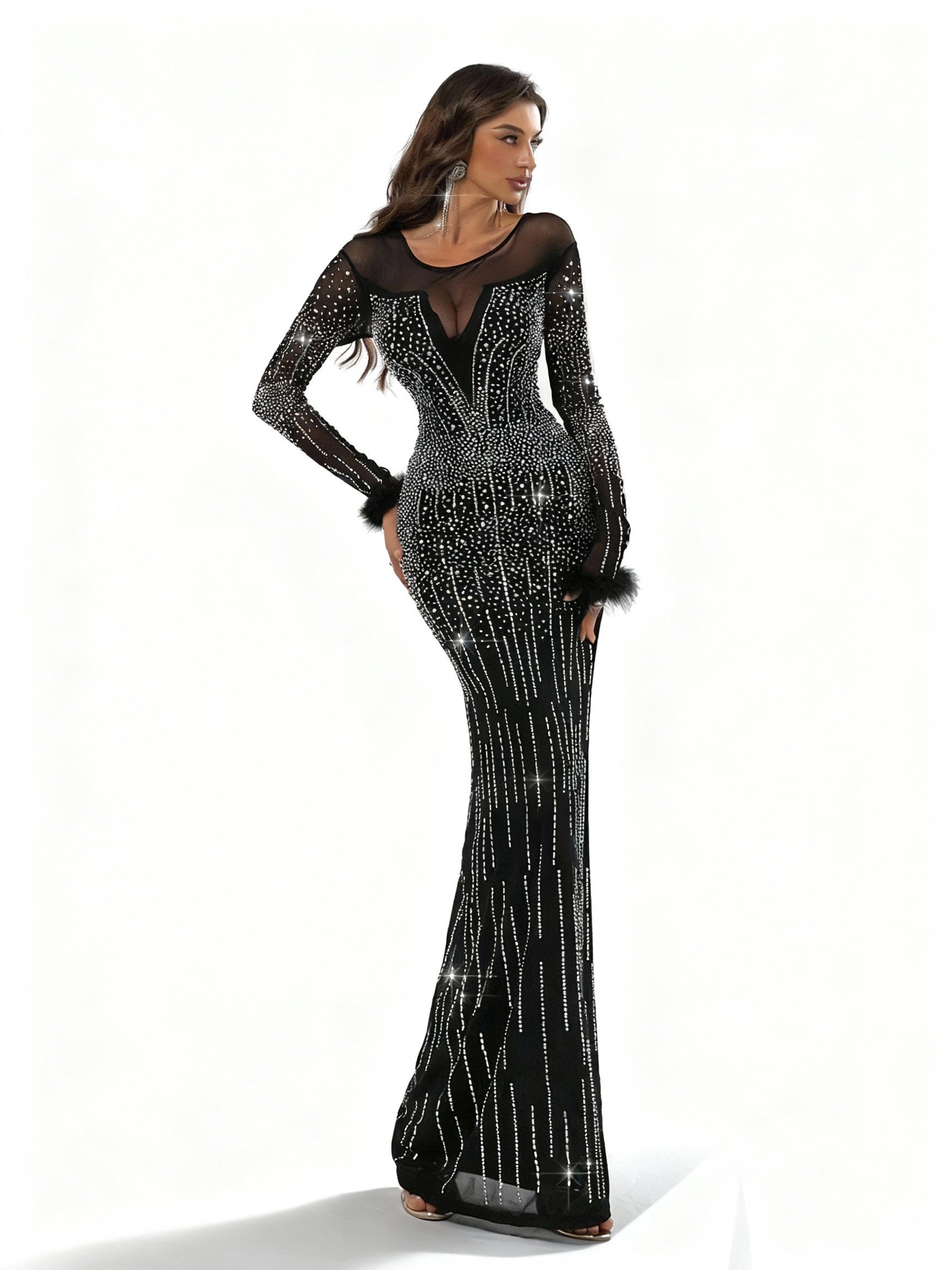 Stalluxe | Schwarzes Elegantes Langarmkleid mit Strass
