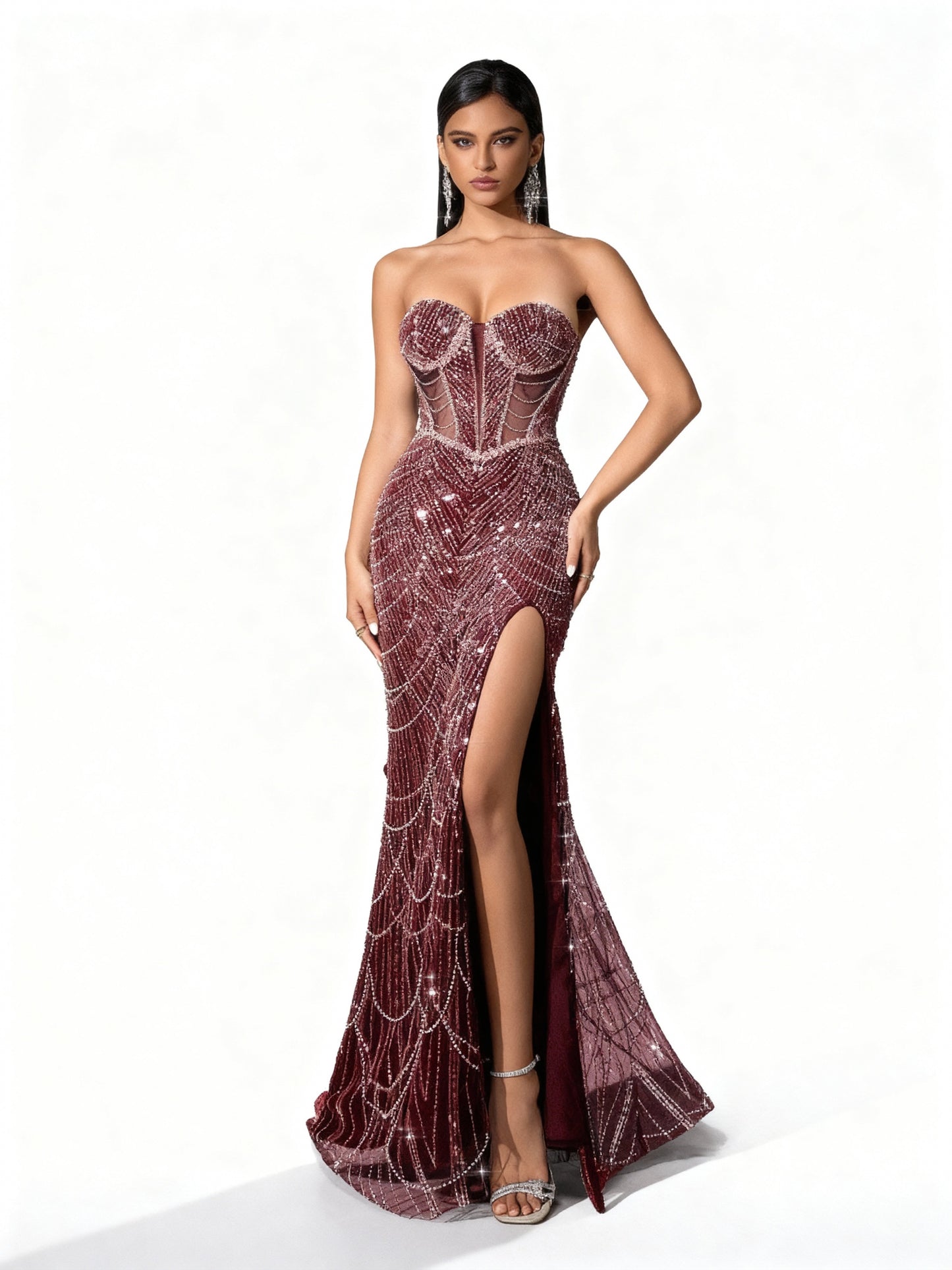 Stalluxe | Paillettenkleid mit Netzstoff und Hohem Schlitz Weinrot