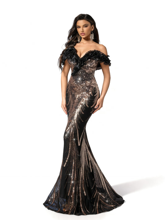 Stalluxe | Schwarzes Pailletten-Abendkleid mit schulterfreiem Design und Fischschwanz-Saum XL